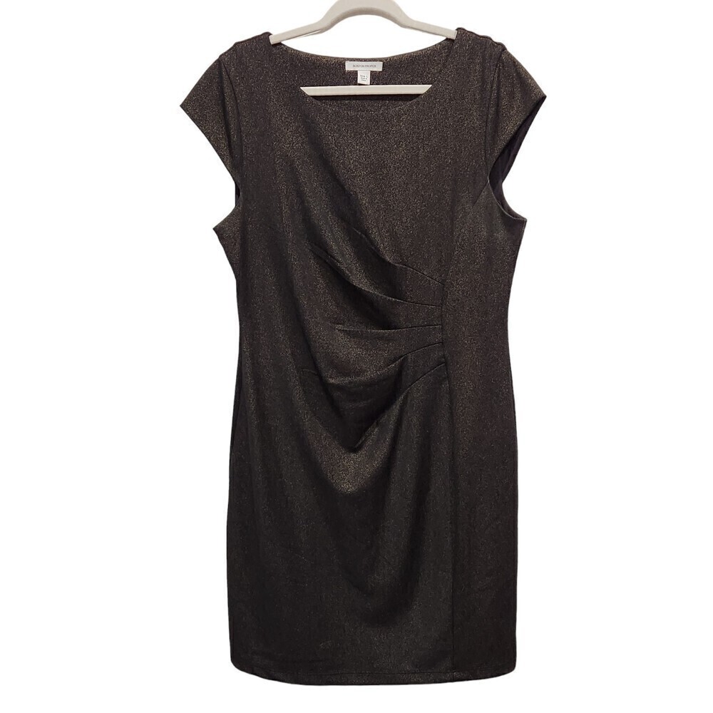 BOSTON Proper Black Gold Sparkle Ruched Side Cap Sleeve Mini Dress, L